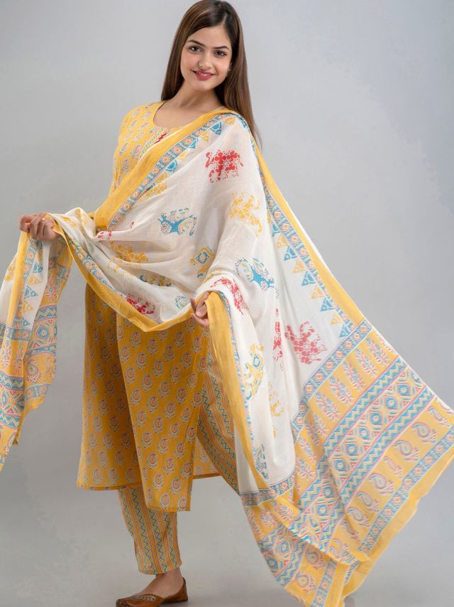 Women's Mustard Color Poly Rayon Kurta Pant Set With Georgette Dupatta